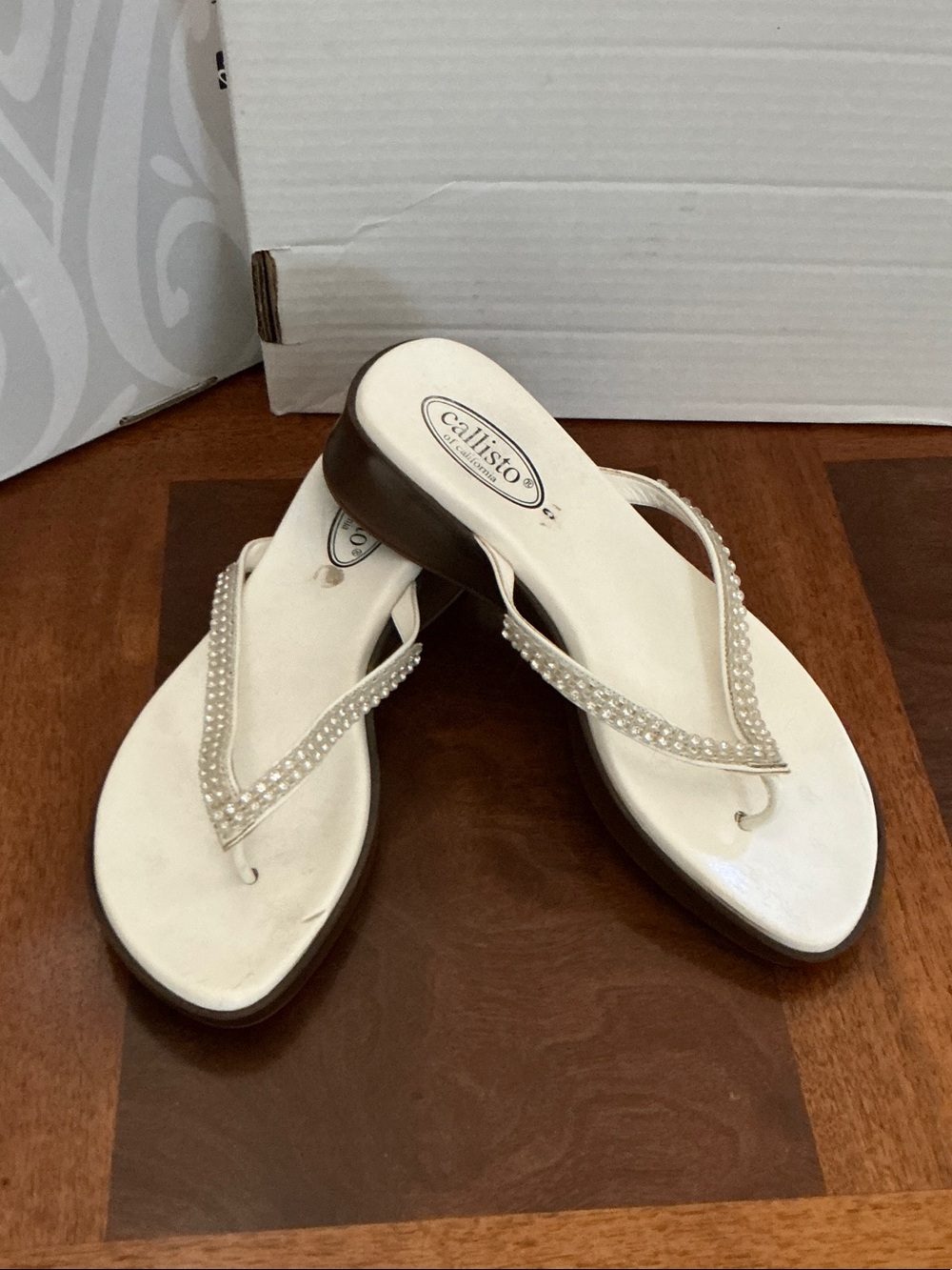 Callisto White Pearl-Trim Flip Flop Sandals